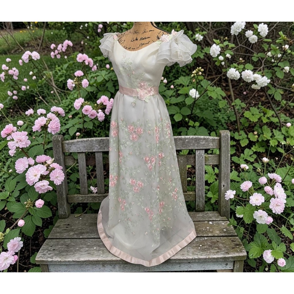 Vtg 70s House of Bianchi Romantic Floral Organza Long Formal Gown Sz 2 White Pnk